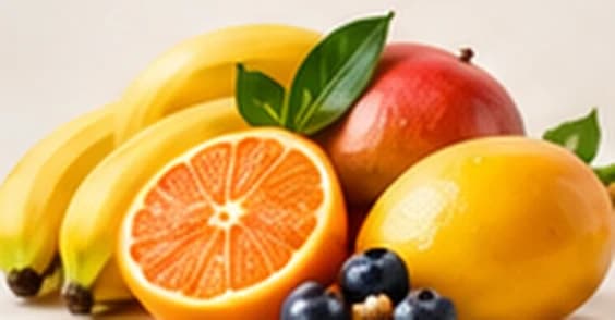 Bananen, sinaasappel, mango en blauwe bessen