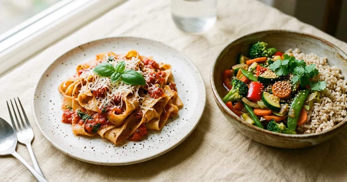 Een bord pasta met tomatensaus en een kom groentewok met rijst