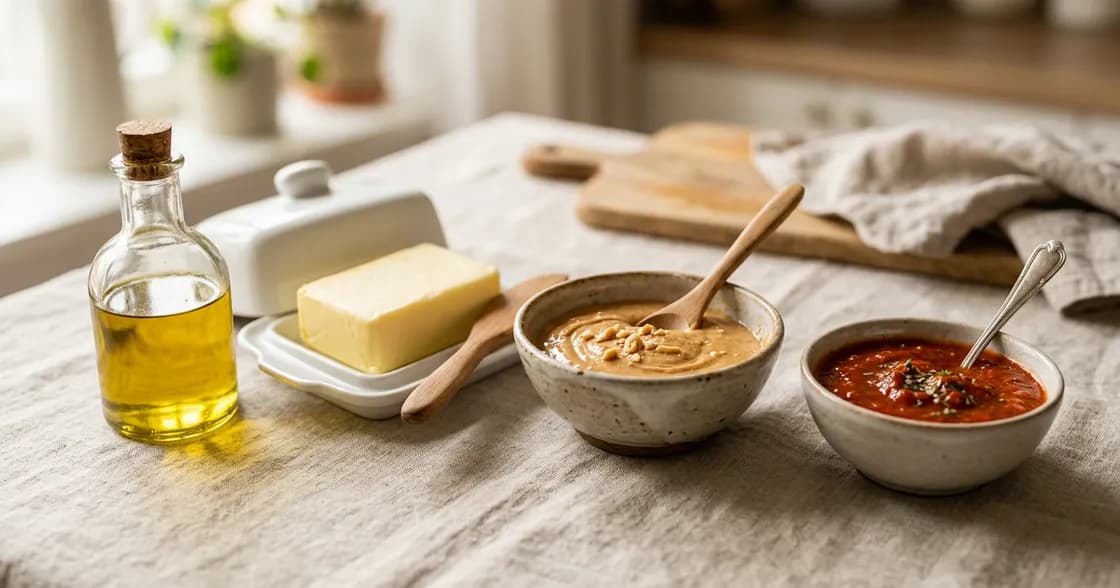 Olijfolie, boter, pindakaas en tomatensaus
