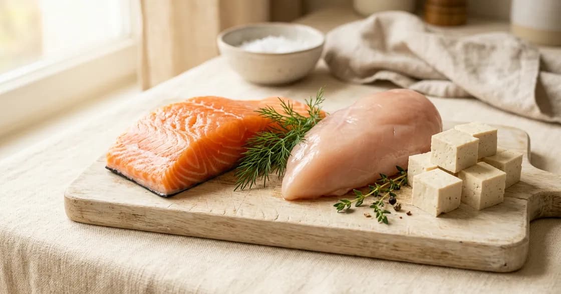 Zalmfilet, kipfilet en blokjes tofu op een plank
